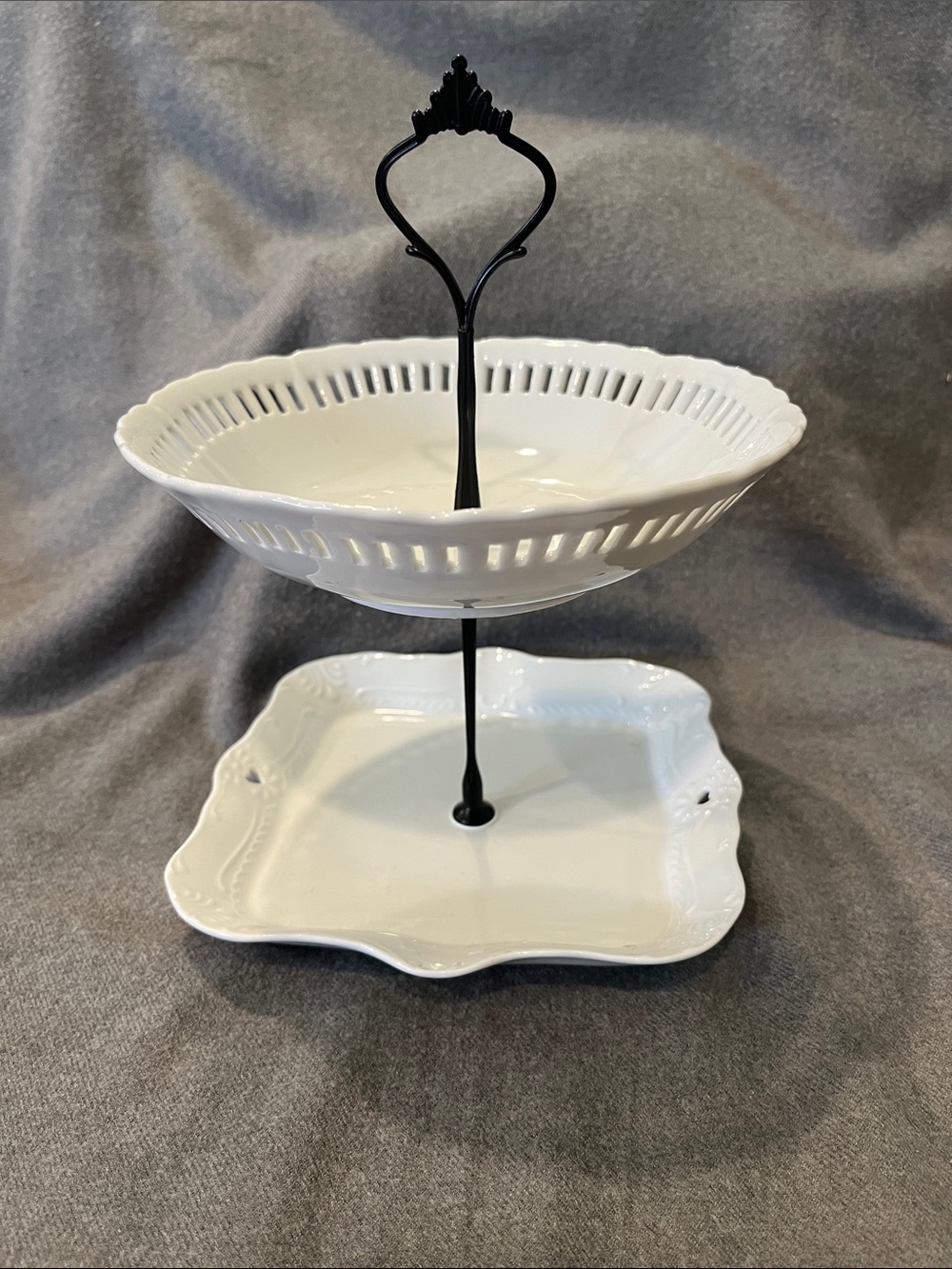 Handcrafted 2-tiered White Porcelain Trinket/Serving Dish